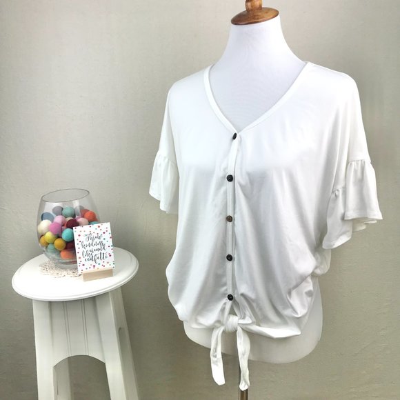 Reborn J White Button Up Tie Front Ruffle Short Sleeve Top - Picture 1 of 14